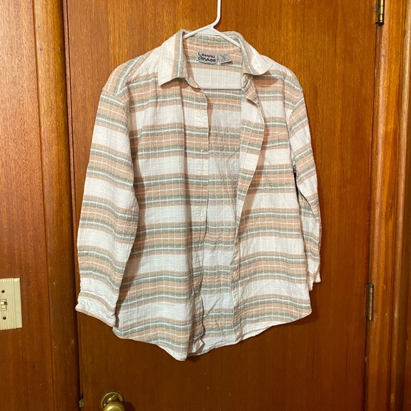 Lemon Grass Tops - Women's Striped Button Down Shirt - Tan and White- NWOT